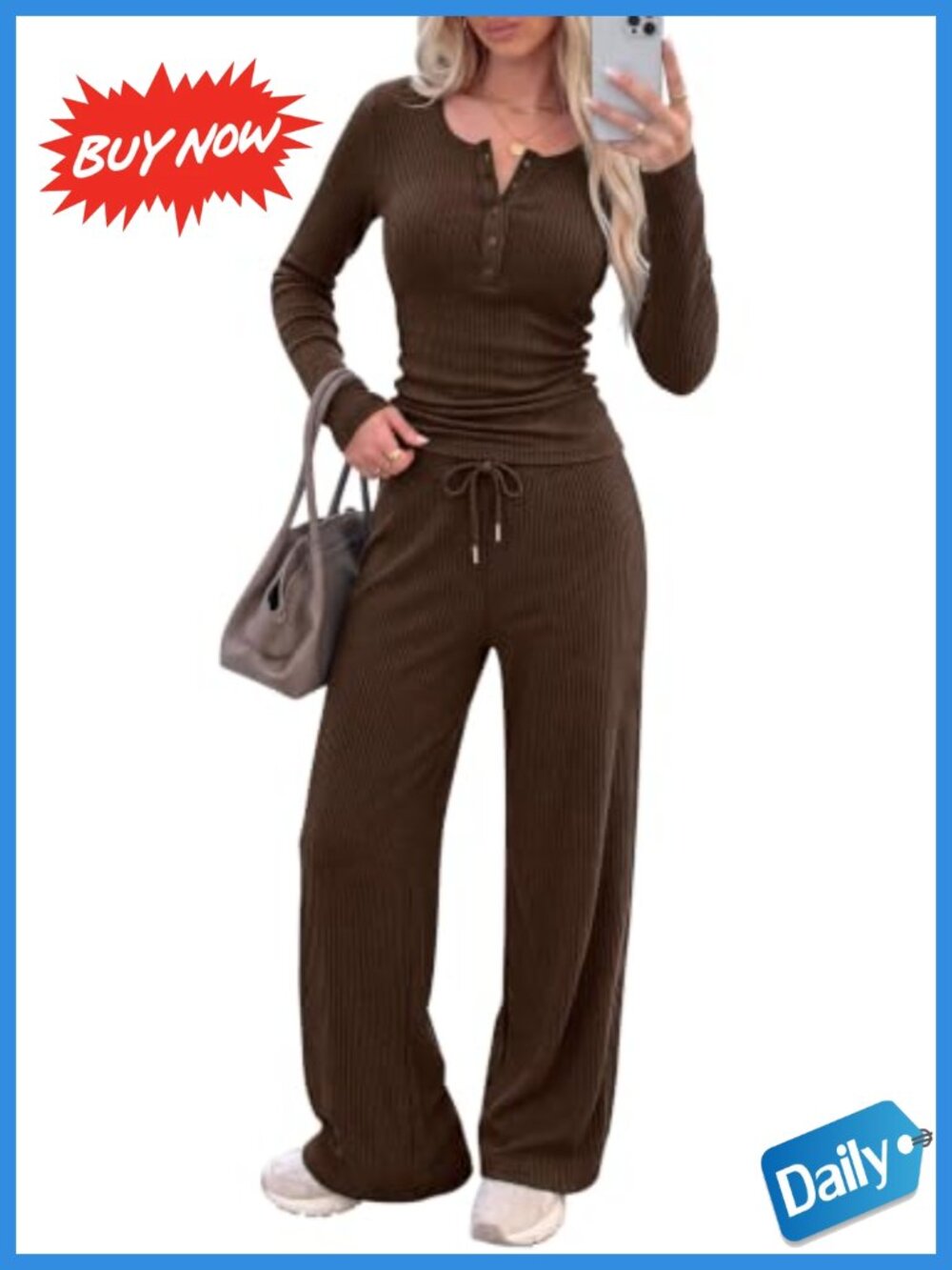 Ribbed Knit 2 Piece Lounge Set Long Sleeve Henley & Wide Leg Pants
